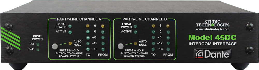 Model 45DC Dante to Dual Party-Line Intercom Interface