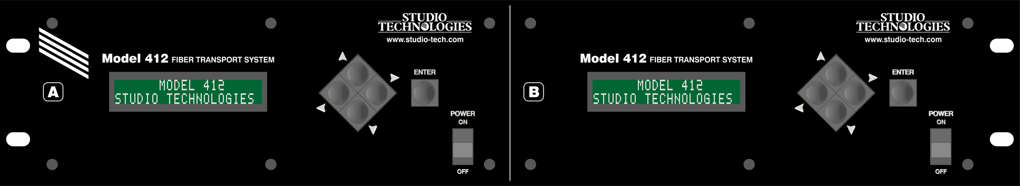 Model 412 SDI-Over-Fiber Transport System Front View Rackmount Front Panel for Two Model 410 Units (Order Code: M412RM-2)